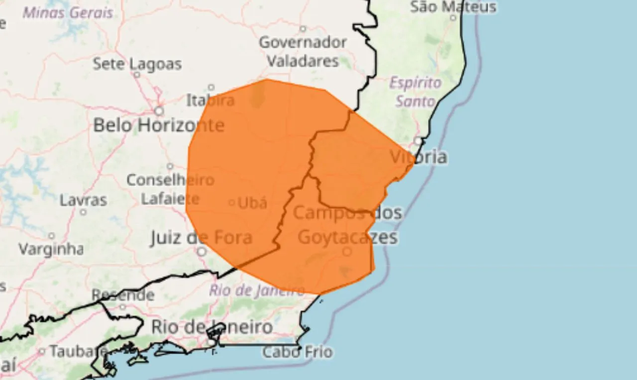 o mapa mostra as áreas em alerta para chuva intensa e ventania 